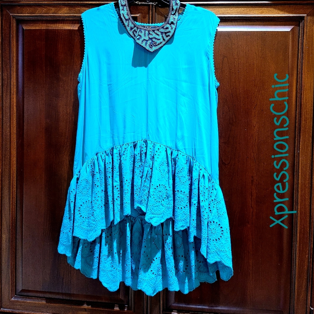 Teal Cotton Lace Hi Lo Sleeveless Top